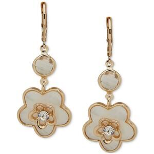 Anne Klein Gold-Tone Mother of Pearl Crystal Flower Drop Earrings NEW